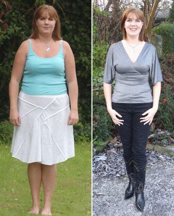אישה לפני ואחרי ירידה במשקל על דיאטת קפיר